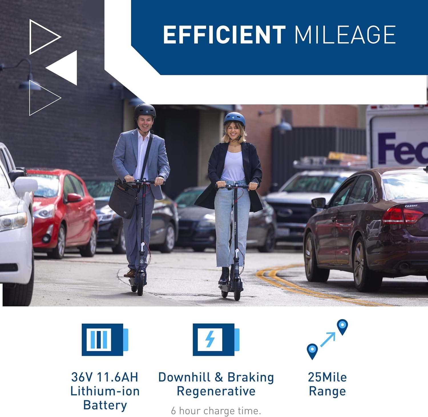 Two riders on S2 Pro scooters between parked cars on a city street, with battery and range specs