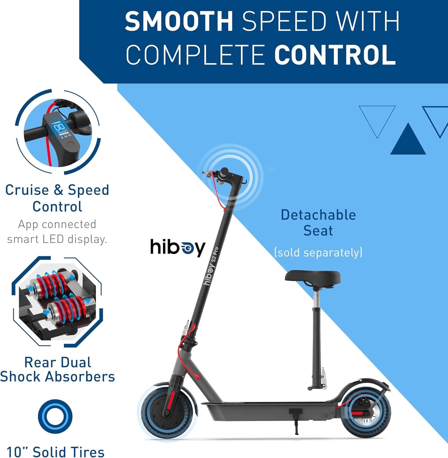 S2 Pro LED display with cruise control, rear dual shock absorbers and 10-inch solid tires