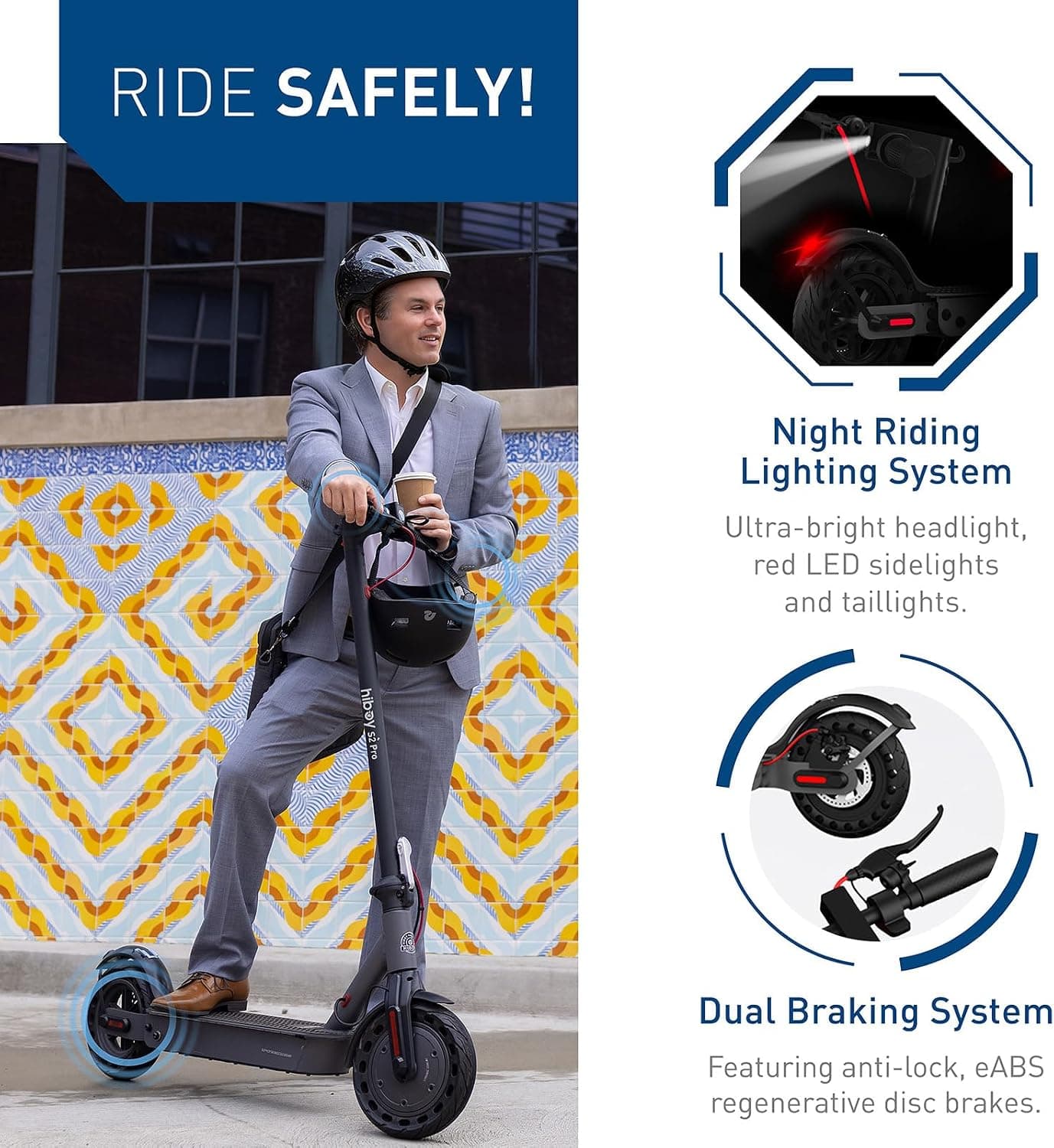 Rider standing with the S2 Pro in front of a tiled wall; close-ups of the headlight, red side light and disc brake