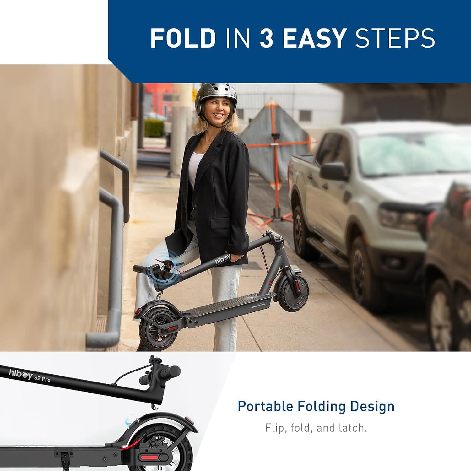 Commuter carrying the folded S2 Pro by the stem along a city sidewalk, with a close-up of the folding latch